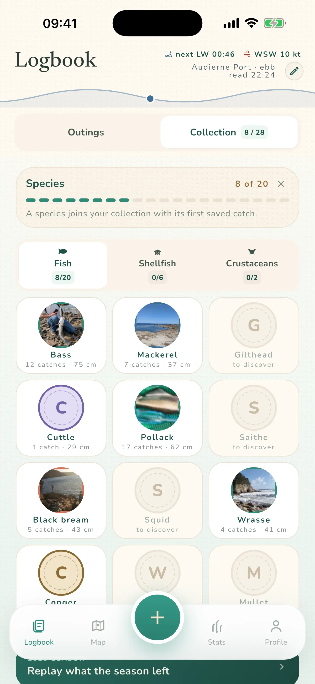 Collection board: eight species revealed out of twenty fish, each illustrated by a photographed catch