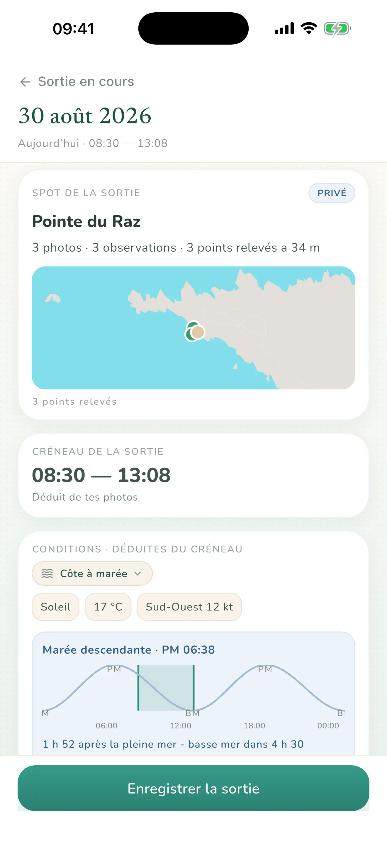 Écran de fin de sortie : trois photos, trois observations, le créneau de 8 h 30 à 13 h 50 déduit des photos, la carte du lieu et les conditions relevées