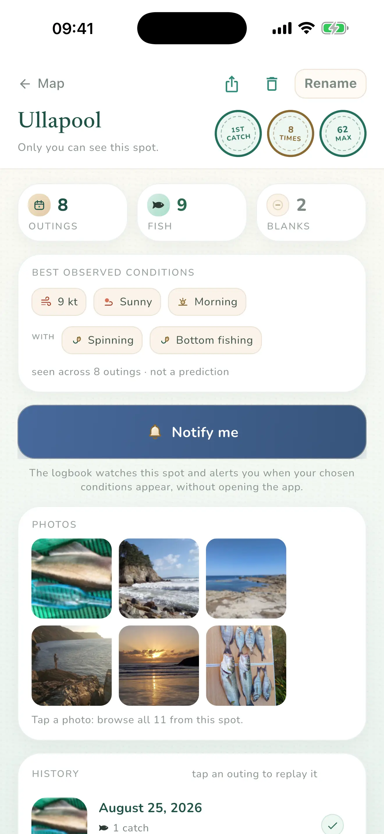Spot page: sixteen trips, twenty-five catches, the best conditions observed and the photos taken there